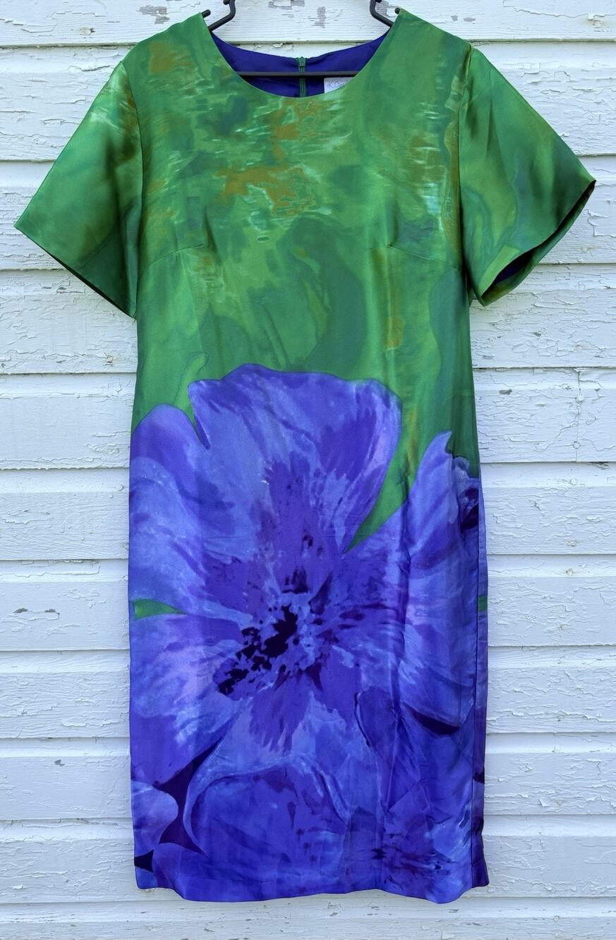 VTG K Jordan Dress Satin Blue Green Watercolor Vibrant Sheath Dress Watercolor